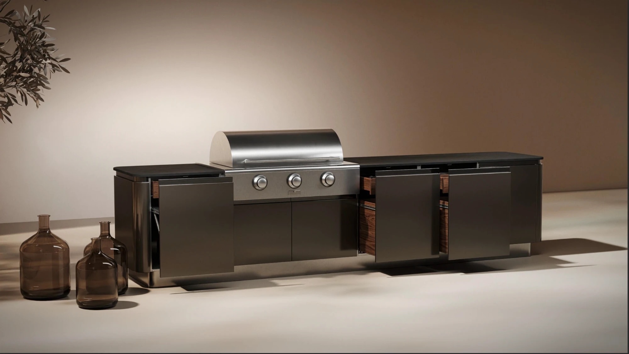 Brown Jordan Ascento outdoor kitchen in Neptune finish with a stainless grill and walnut-lined drawers