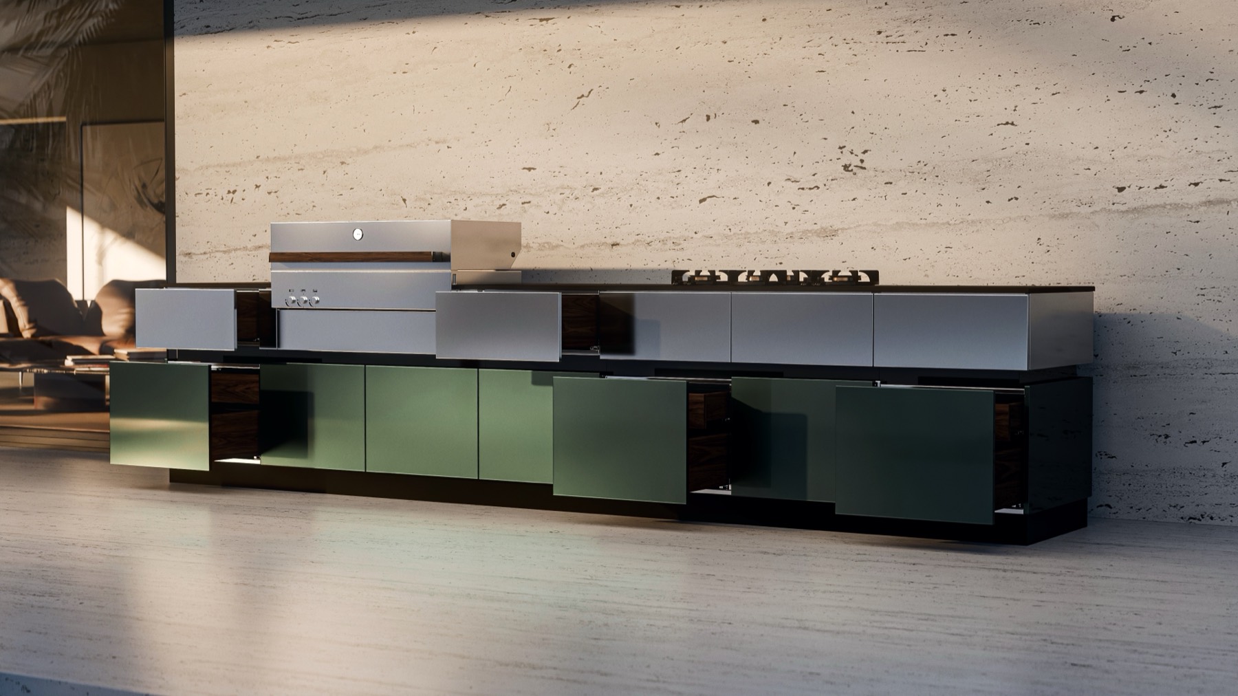 Long Brown Jordan outdoor kitchen with green fronts against a travertine wall