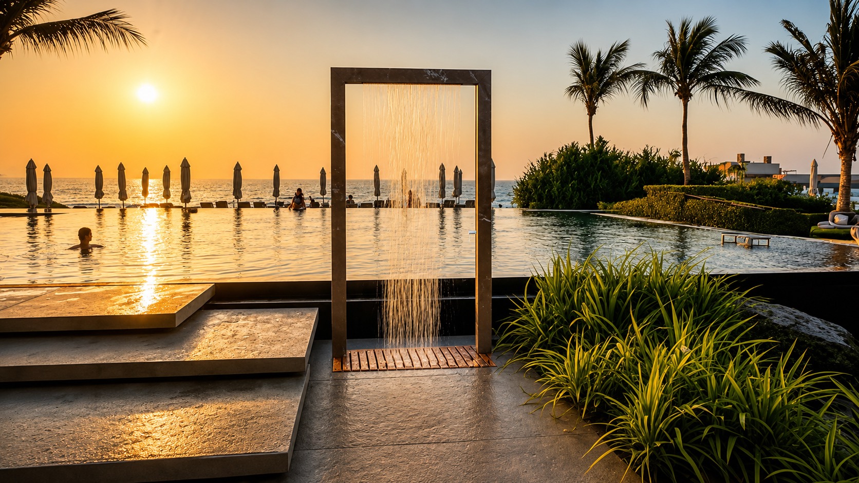 Korta frame shower with a rain curtain of water on a pool terrace at sunset